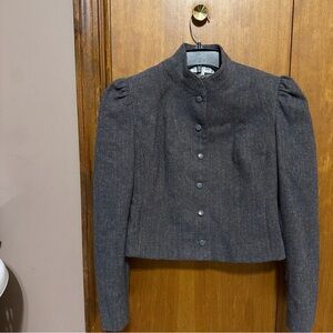 Vintage Puff-Sleeve Stand-Collar Buttoned Blazer - Charcoal Gray
